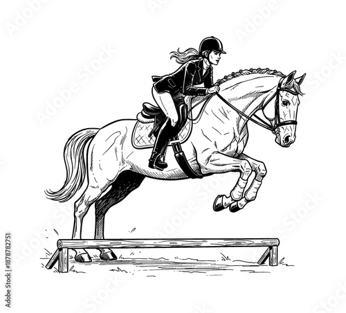 Determined woman in equestrian gear riding a horse jumping a hurdle in detailed black and white illustration