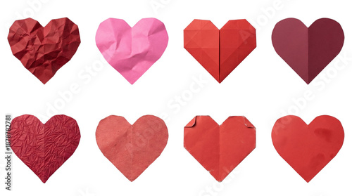Paper heart set including origami, crumpled, textured, and smooth red and pink styles isolated. Romantic craft and valentines day collection.