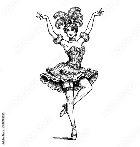Elegant European Showgirl Dancer Performing Gracefully with Feather Headdress Ruffled Skirt and Corset Outfit Smiling Confidently