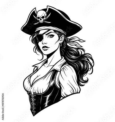Confident alluring pirate woman with an eyepatch and skull hat wearing a laced corset in detailed vector art