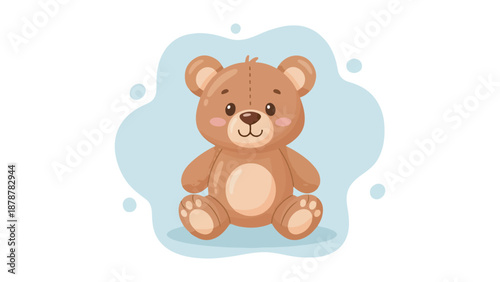 A cute cartoon brown teddy bear sitting with a blue background, perfect for children's designs.