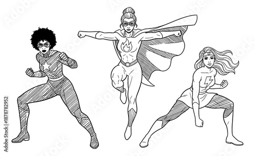 Diverse superhero women African American Hispanic and Caucasian in strong action poses with determined expressions