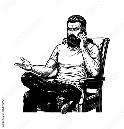 Bearded Man Talking on Mobile Phone with Surprised Expression Sitting in a Chair Black and White Line Art Drawing