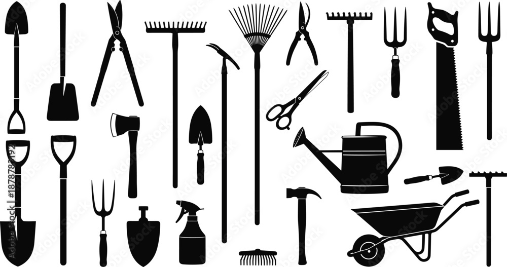 Obraz premium Set of garden tools silhouettes collection for gardening and landscaping maintenance, black vector icons of equipment for farming work isolated on white background