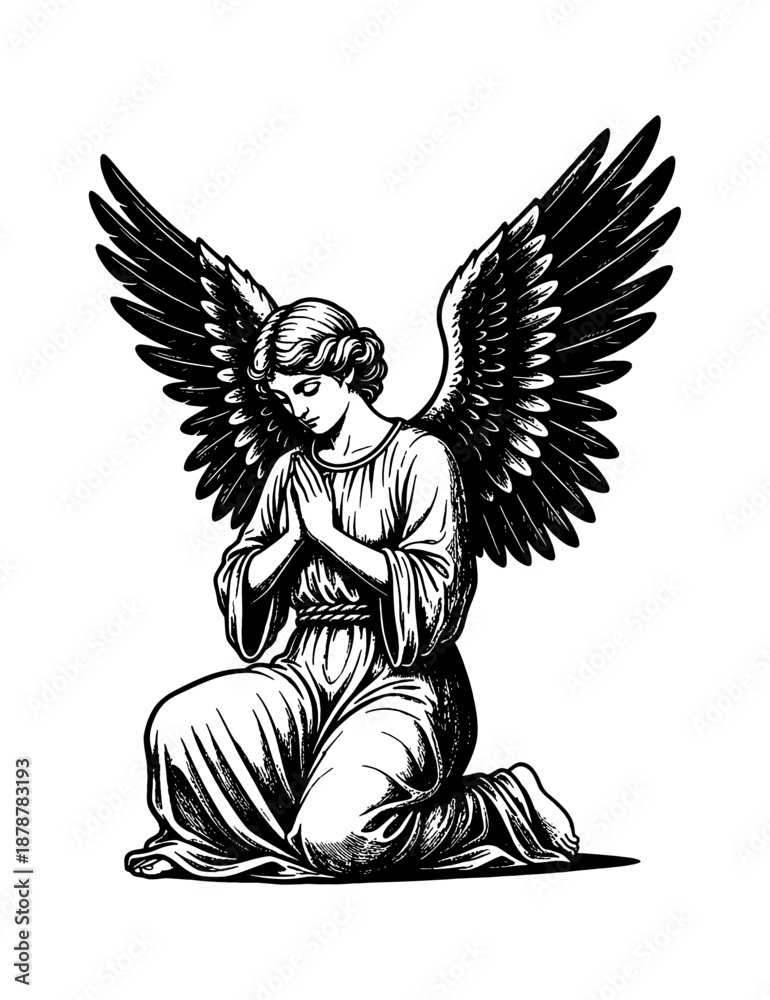 Fototapeta premium Heavenly Angel Kneeling in Prayer with Devout Expression and Large Wings Black and White Engraved Art