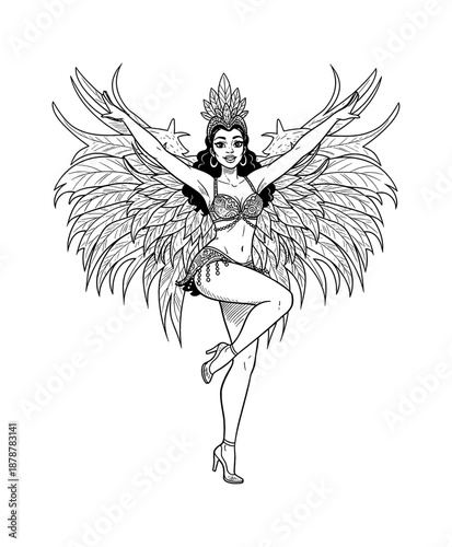 Joyful Latina woman dancing with arms spread wide in an elaborate carnival costume with feathered wings and headdress line art