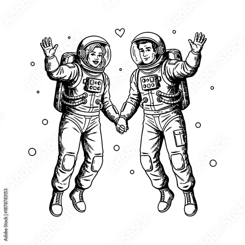 Happy Astronaut Couple Waving Hands and Holding Together Floating in Space Black and White Line Art