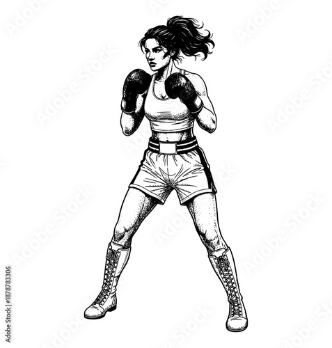 Determined female boxer in fighting stance ready to compete detailed black and white vector illustration