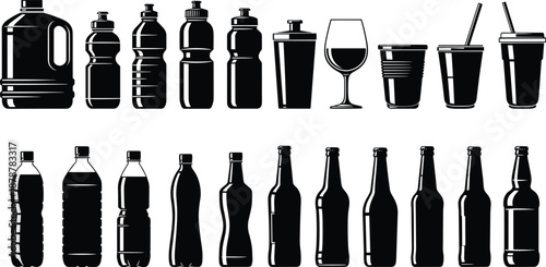 Set of plastic and glass bottles silhouettes for water, soda, sports drinks, wine and beer, various beverage containers and cup vector illustration icons isolated on white background