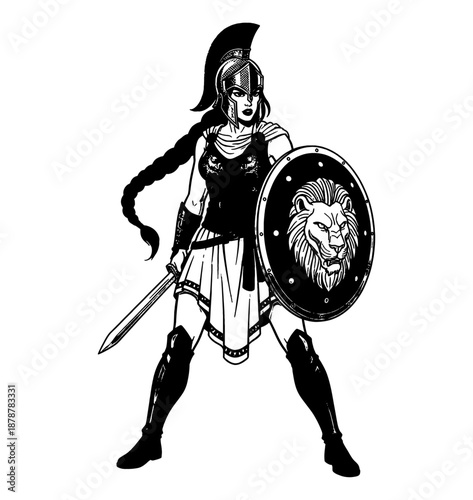 Fierce female warrior in full armor holding sword and shield with lion emblem ready for battle illustration