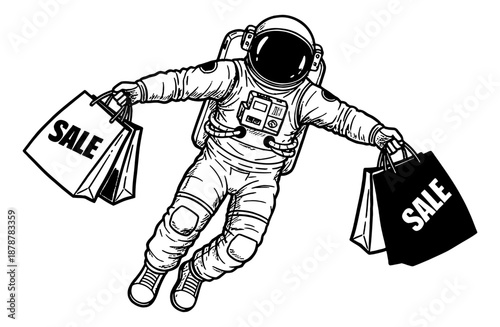 Joyful astronaut floating with two shopping bags displaying sale text on a white background vector
