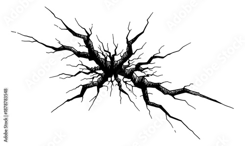 Detailed black and white vector illustration of spreading surface cracks abstract graphic element
