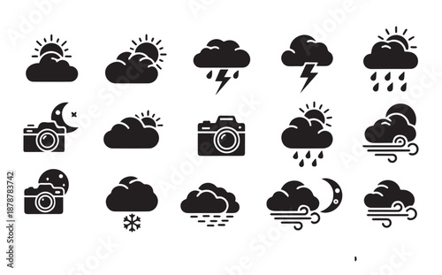 Weather Forecast and Camera Icon Set: Vector Silhouettes for Meteorology and Photography