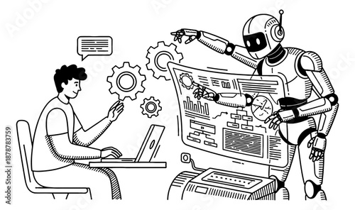 Man working on a laptop with a robot displaying data analytics and statistics on a futuristic screen engaged in technology