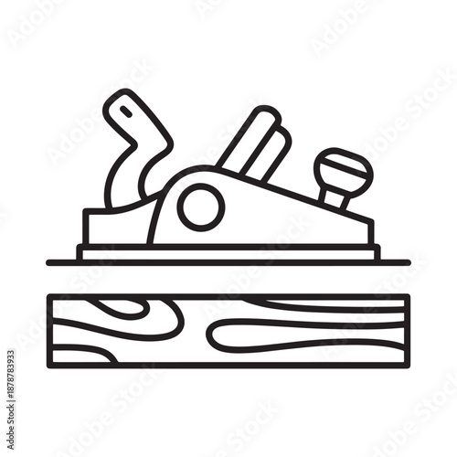 A simple line drawing depicts a hand plane working on wooden lumber