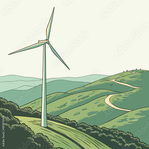 Wind turbine on green hills with winding road rolling hills