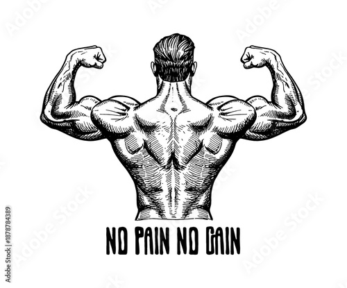 Muscular man flexing strong biceps and back muscles from behind displaying power and determination