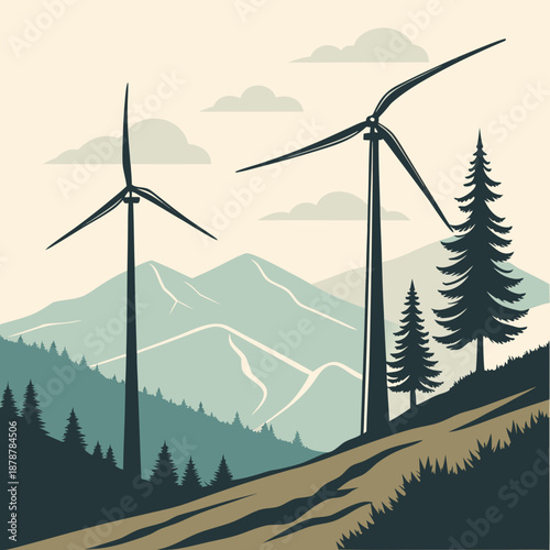 Wind turbines on mountainous hill with trees and clouds