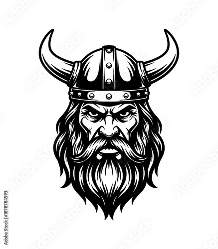 Fierce Viking Warrior Head with Horned Helmet Long Beard and Mustache Determined Expression Black and White Art