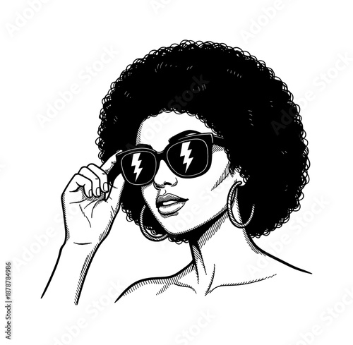 African American Woman Posing with Stylish Sunglasses and Big Afro Hair Looking Confident and Cool Black and White