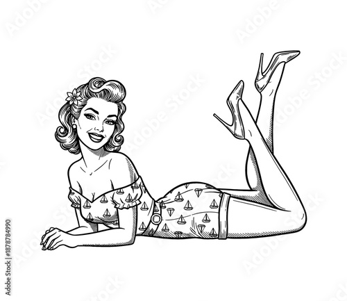 Smiling Pinup Woman in Retro Sailboat Outfit Lying Down with High Heels Glamorous Vintage Illustration