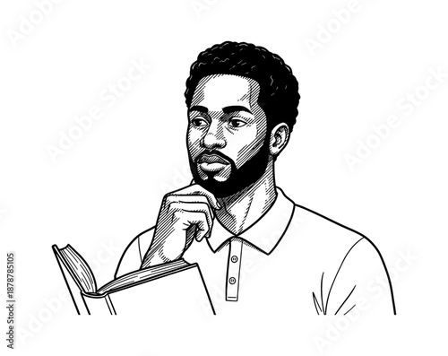 African American man thinking while reading a book with a thoughtful expression in black and white line art illustration