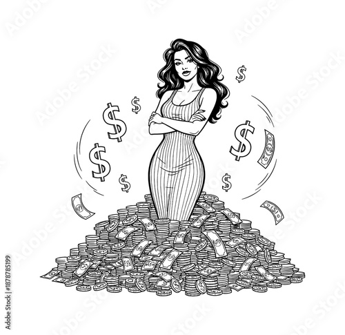 Confident dark haired woman surrounded by a large pile of cash and flying dollar signs successful wealthy expression