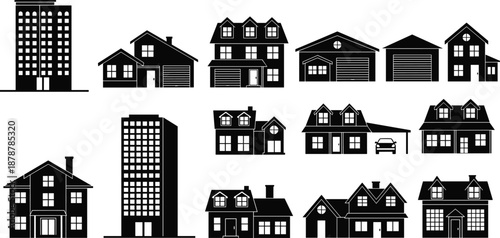 Set of house and residential building silhouettes including apartment towers and suburban homes, real estate icons isolated on white background for architectural vector design