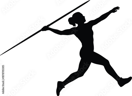 Black silhouette of a female athlete throwing a javelin during a track and field competition, professional sportswoman isolated on white background, javelin thrower.