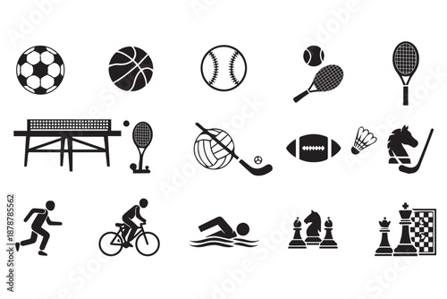 Sports and Games Icon Set: Vector Silhouettes of Balls, Equipment, and Athletic Activities