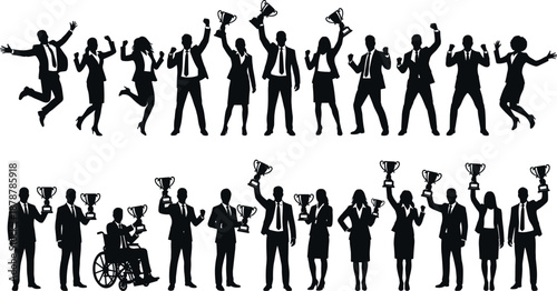 Set of successful business people silhouettes celebrating with trophies and jumping for joy, corporate achievement icons isolated on white background for vector design