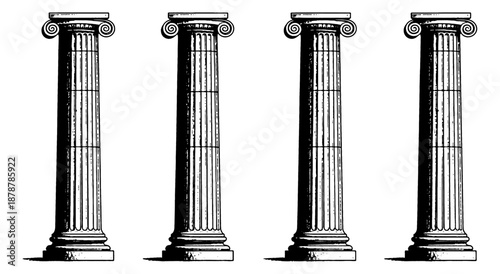 Four detailed Ionic architectural columns in black and white line art vector style illustration