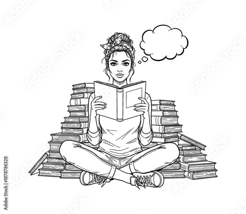 Thoughtful young woman reading book sitting cross legged surrounded by many stacks of books