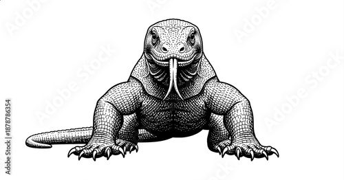 Komodo Dragon with Forked Tongue Extended Detailed Black and White Engraving Style Facing Forward Reptile