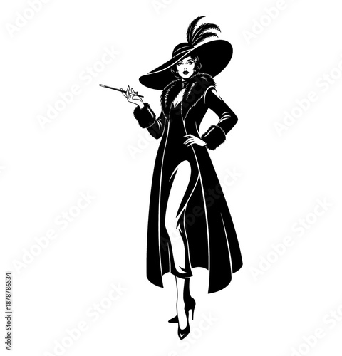 Sophisticated elegant woman in a large feathered hat and fur coat with a cigarette holder confident pose