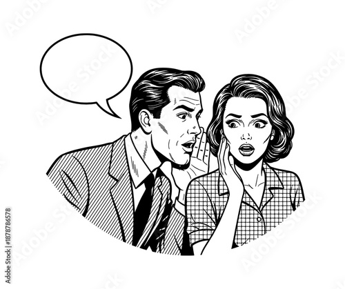 Caucasian man whispering a secret to a shocked Caucasian woman with a speech bubble in vintage pop art illustration