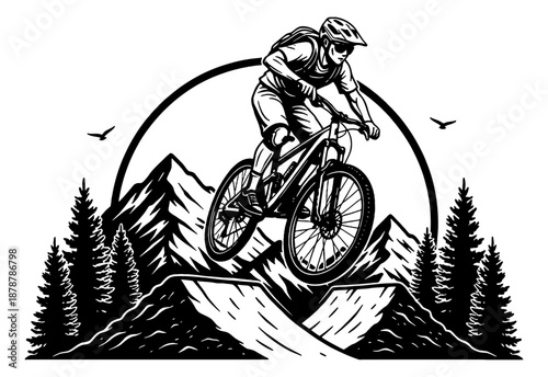 Man on mountain bike jumping over a ramp in a dynamic outdoor scene with mountains and trees line art illustration style