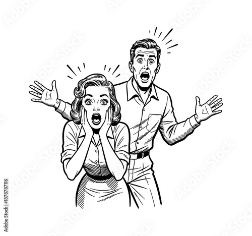A Caucasian man and woman expressing extreme shock and surprise with hands up and on face a retro comic illustration
