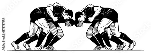 Two determined male rugby players in a strong scrum formation ready for an intense match black and white vector illustration