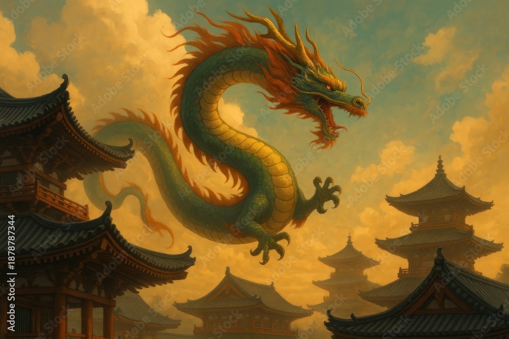 Fototapeta premium Majestic dragon over ancient rooftops.