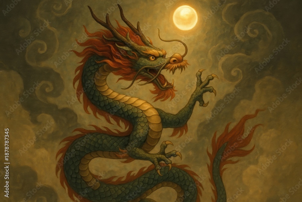 Obraz premium Mystical dragon under moonlight.