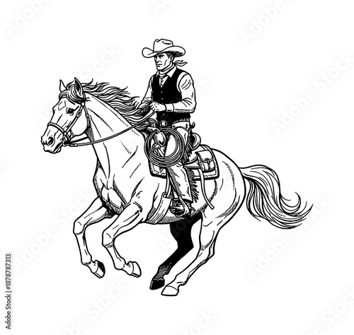 Cowboy man riding a galloping horse with a lasso in a powerful Western black and white line art