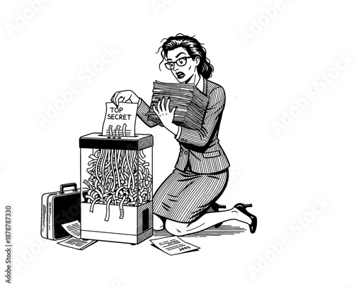 Woman kneeling shredding top secret documents into a paper shredder looking serious black and white illustration