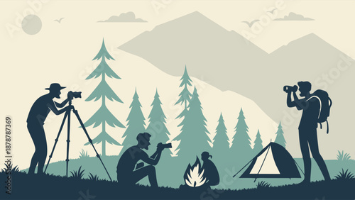 Outdoor Adventure Photography Camping Trip Silhouette Hikers with Tripod Binoculars Campfire Mountain Scenery for Travel Blog Web Design