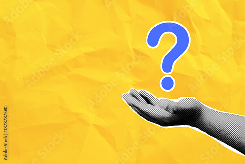 Pop art collage style.,Halftone hand holding blue question mark symbol on yellow paper background with copyspace.,Concept of confusion,asking for help,curiosity, quiz, doubt,FAQ, and finding solution.
