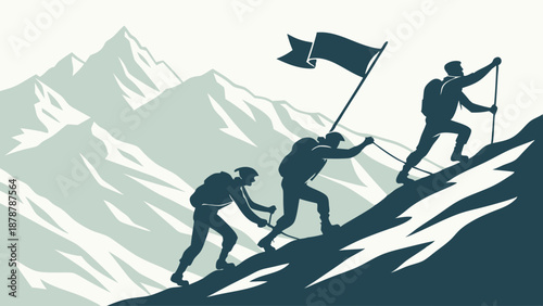 Mountain Climbers Summiting Steep Slope Planting Flag Teamwork Success for Leadership Goals and Achievement in Outdoor Adventure Illustration (158 characters)