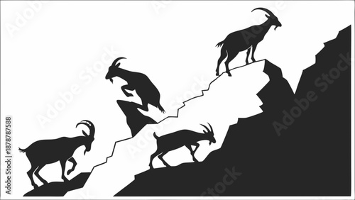 Mountain Goats Climbing Steep Rocky Slope Symbolizing Achievement Success and Overcoming Challenges for Finance Growth