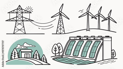 Renewable Energy Sources Illustration Power Grid Wind Turbines Hydroelectric Dam for Sustainable Infrastructure Web Design