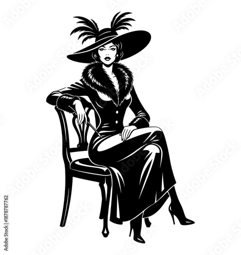Glamorous elegant woman sitting wearing wide brim hat fur collar dress holding cigarette holder illustration