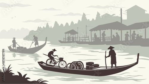 Southeast Asian River Market Scene with Boat Transporting Bicycle and Cargo for Travel or Commerce Illustration